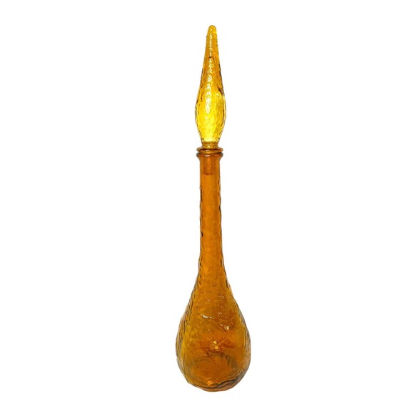 Vintage MCM Amber Empoli Glass Crinkle Genie Bottle Decanter With Stopper 22”